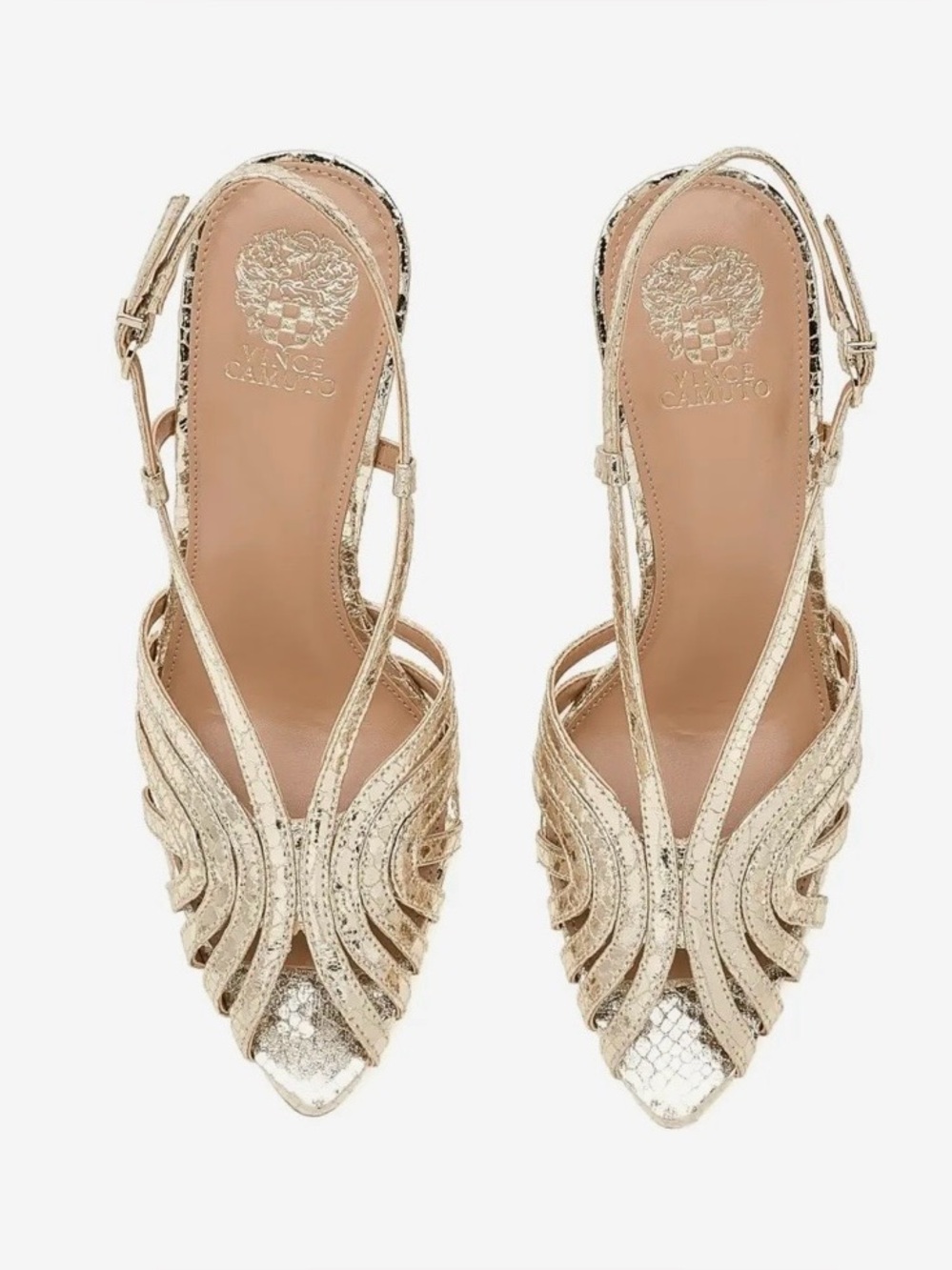 VINCE CAMUTO HANNIE CAGED TOE SANDALS SLINGBACK PEEP TOE GOLD METALLIC SIZE 6.5M - Picture 2 of 15